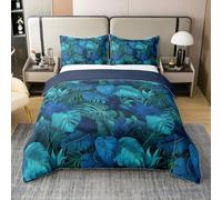 100% Cotton Tropical Palm Leaves Duvet Cover 3D Teal Blue Natural Plants Bedding Set for Kids Teens Adults Wild Jungle Botanical Leaf Quilt Cover,2 Pillowcases(No Comforter) Double 3 Pcs