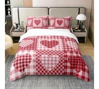 100% Cotton Vintage Hearts Duvet Cover Double 3 Pcs Retro Red Patchwork Plaid Bedding Set for Kids Teens Adults Romantic Country Rustic Style Quilt Cover,2 Pillowcases(No Comforter)