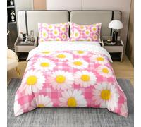 100% Cotton Watercolor Daisy Duvet Cover Super King 3 Pcs Pink Patchwork Plaid Rustic Style Bedding Set for Kids Girls Teens 70s Groovy Hippie Flowers Comforter Cover,2 Pillowcases(No Comforter)