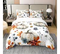 100% Cotton Watercolor Pumpkin Duvet Cover Single 2 Pcs Autumn Orange Leaves Retro Flowers Bedding Set for Kids Teens Adults Fall Plants Rustic Quilt Cover,1 Pillowcase(No Comforter)