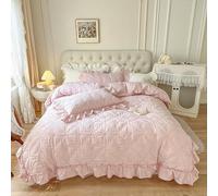 100% Cotton White Bedding Set, Washed Cotton Solid Color Princess Style Ruffle Duvet Cover Set, Includes Duvet and Pillowcases, Soft, Rustic, Vintage Style, Suitable for All Seasons, Pink,Twin XL