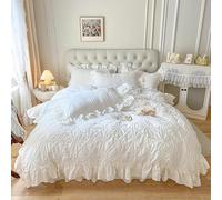 100% Cotton White Bedding Set, Washed Cotton Solid Color Princess Style Ruffle Duvet Cover Set, Includes Duvet and Pillowcases, Soft, Rustic, Vintage Style, Suitable for All Seasons, Pink,Twin XL