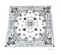 100% cotton white with black skulls and crossbones paisley effect design bandana, 55cm square. Ideal for every day wear, pirate party, bikers etc.