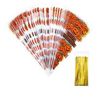 100 Counts Pumkin Cone Bag Halloween Pumpkin Patterned Cone Cellophane Bags Treat Candy Bags with 100 Pieces Gold Twist Ties for Halloween Party Favor (color A, Halloween)