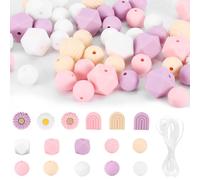 100 Daisy Silicone Beads Set, Round Loose Silicone Beads, Craft Beads with Nylon Cord, Suitable for DIY Key Chains and Bracelets (4 Colours)