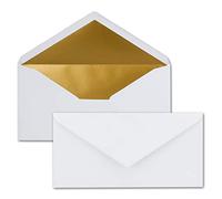 100 DIN Envelopes White with Metallic Gold Lining - Very Stable - 120 g/m2-110 mm x 220 mm/from The Colourful Neuser. 100 White/Gold Envelopes
