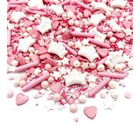 100% edible and delicious colourful sprinkles from Happy Sprinkles. A princess dream come true! In addition to the white and pink sugar pearls, stars, hearts and rods, a motif cannot be missing here of course: enchanting little crowns! The perfect icing on the cake for every princess cake, cupcake or cookie. This sprinkle mix is an absolute must-have for all little and big princesses out there! Sprinkle directly over your frosting or buttercream for instant glamour. Each pot contains 90g. Ingredients: Sugar, starch (WHEAT, corn, potato), flour (rice), WHEAT GRAINvegetable oils (sunflower, canola, canola hydrogenated, coconut), vegetable fat (palm oil), glucose syrup, dextrose, maltodextrin, invert sugar syrup, colorants (E120, E122, E124, E170, E172), fermentative(apple black currant concentrate, radish), flavor, glazing agents (E901, E903, E904), thickener (E414), emulsifier (lecithins (sunflower, canola)), anti-caking agents (E470b, E553b, E555), acidifier (E330), salt. May contain traces of NUTS, SOY and MILK contain. ''E122, E124: May impair activity and attention in children''.