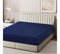 100% Egyptian Cotton Fitted Sheet California King Size Only, 600 Thread Count, 8"-16" Deep Pocket Sateen Weave Bottom Sheet, Soft Breathable Comfy & Hotel Quality (Cal King, Striped Navy Blue)