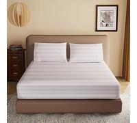 100% Egyptian Cotton Fitted Sheet CK Size, 600 Thread Count, Single Fitted Sheet Only,16" Deep Pocket Sheet, Soft & Elastic Sateen Weave Bottom Sheet for Home (Light Beige-Stripe, California King)