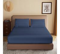 100% Egyptian Cotton Fitted Sheet King Size, 600 Thread Count, Single Fitted Sheet Only,8”-16" Deep Pocket Sheet, Soft & Elastic Sateen Weave Bottom Sheet for Home (Navy Blue-Stripe, King)