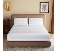 100% Egyptian Cotton Fitted Sheet Queen Size, 600 Thread Count, Single Fitted Sheet Only,16" Deep Pocket Sheet, Soft & Elastic Sateen Weave Bottom Sheet for Hotel & Home (White-Stripe, Queen)