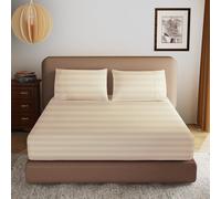 100% Egyptian Cotton Fitted Sheet Queen Size, 600 Thread Count, Single Fitted Sheet Only,8”-16" Deep Pocket Sheet, Soft & Elastic Sateen Weave Bottom Sheet for Home (Beige-Stripe, Queen)