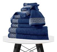 100% Egyptian Cotton Greek Key Bath Towel - Super Soft, Quick-Dry, Large Luxury Bathroom Sheets (Navy, 8 x Towel Bale Set)