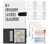 100 Envelope Challenge Binder, Money Saving Challenge Binder Budget Binder Money Saving Wallet with Cash Envelopes, 25 Four-Square Grid Cards, 3 Colored Cardboards and 1 Whiteboard Pen