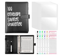 100 Envelope Challenge Binder, Money Saving Wallet Budget with Budget Sheets & Pen, A5 Envelope Challenge Black Book, PU Leather Cash for School Home Office