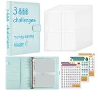 100 Envelopes Saving Challenge Budget Binder PU Leather Cover with Cash Envelope PVC Pocket Zipper/Digital Stickers for Home, Office, Daily(Blue)
