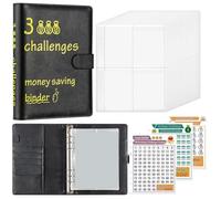 100 Envelopes Saving Challenge Budget Binder PU Leather Cover with Cash Envelope PVC Pocket Zipper/Digital Stickers for Home, Office, Daily(Black)