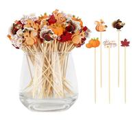 100 Fall Cocktail Picks, Thanksgiving Fancy Toothpicks for Appetizers Charcuterie Food Drinks Fruit, Autumn Theme Turkey Pumpkin Maple Leaf Squirrel Bamboo Skewers Sticks, Party Decorations Supplies