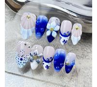 100% Handmade Press on Nails Medium Almond Handmade Nails with Blue Flower Charm Design Chinese Style Fake Nails Glossy Ombre French Tip Nail Press ons Spring Summer Acrylic Nail for Women L 10Pcs