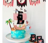 100% handmade print on 300gsm card specially designed Pirate Ship Birthday Cake Topper Decoration Set, Ocean Theme with Treasure box, Black Flags and Figurines