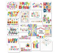 100 Happy Birthday Cards with Envelopes and Stickers 20 Unique Bright Colorful Designs with Short Greeting Inside, Large 5x7 Inches Notes, Thick Cardstock, Matte Finished in a Sturdy Packaging