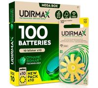100 Hearing Aid Batteries Size 10 Udirmax Zinc-Air PR70 Yellow Dynamic Sonar Technology 0% Mercury Eco Pack - 10 eco-friendly blister packs of 10 batteries