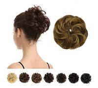 100% Human Hair Scrunchies, BARSDAR Curly Messy Bun Hairpiece Extensions Wedding Hair Pieces for Women Messy Bun Real Hair Updo Donut Chignons (Brown mix Blonde)