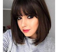 100% Human Hair Wig with Bangs for Women Short Bob Hair Wigs Dark Brown Straight Remy Virgin Human Hair Wig Bob Cut Fringe Adjustable None Lace Cap 14 inch chenghuax (Color : Straight Dark Brown)