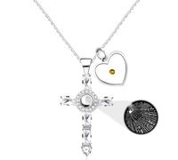 100 Languages I Love You Religious Cross Pendant Projection Necklace, Heart Shaped Mustard Seed Pendant, Stainless Steel Necklace for Girlfriend, Valentine's Day Gift, adjustable, Glass, Zircon
