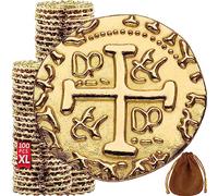100 Large Gold Metal Pirate Coins, Treasure Coin Set, Diam.: 30 mm