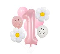 100% LIKED-One Happy Dude Balloon Set, 40” Pink 1|Pink & White Smiley Face Latex |Daisy Foil for Happy Dude Birthday Decorations, Smiley Face Party Deco, Baby Shower,1st Birthday Party Supplies (1st)