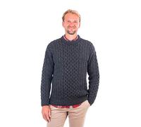 100% Merino Wool Blasket Crew Neck Collar Aran Sweater Pullover Honeycomb Stitch Made in Ireland, Charcoal, XXL