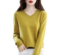 100% Merino Wool Cashmere Sweater Women's V-Neck Pullover Autumn Winter Knitted Jumper Tops Mustard Yellow S