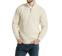 100% Merino Wool Half Zip Jumper Men - Ballycroy Cable Knitted Pullover Aran Sweater - Modern Style - Winter Warm - Gift for Him (L, Cream)
