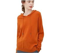 100% Merino Wool Hooded Sweater Women's Cashmere Knitted Sweater Hoodie Long Sleeve Solid Pullover Orange L