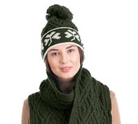 100% Merino Wool - Irish Shamrock Hat Aran Knit Beanie Pom Pom Style for Women, Army Green, One Size