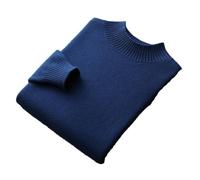100% Merino Wool Mock Neck Sweater Mens Solid Knitted Half Turtleneck Jumper Thick Casual Pullover Navy Blue M