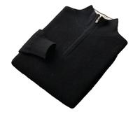 100% Merino Wool Quarter Zip Sweater Men Stand Collar Knitted Pullover Tops Solid Thickened Jumper Black L