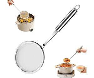100 Mesh Stainless Steel Extra Ultra Fine Fat Skimmer Spoon, Very Fine Mesh Strainer Scoop, Slotted Ladle with Holes, Kitchen Cooking Utensil for Frying, Sauce, Oil and Grease Separation (Silver L)