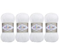 100% Microfiber Acrylic Alize Diva Silk Effect Knitting Sport Crochet Yarn Lot of 4 Ball skeins 400gr 1532yds Color (55 White)
