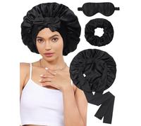 100% Mulberry Silk Bonnet for Sleeping Women Silk Hair Bonnet Elastic Tie Band Hair Wrap with Silk Hair Scrunchies and Silk Sleep Eye Mask(Black)