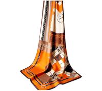 100% Mulberry Silk Oversized Women’s Sun-Shielding Shawl Formal Evening Neckwear Featherlight Airy, N15-tangerine Geo Scarf（69" X 21"inch）, 69×21inch