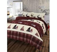 100% Natural Brushed Cotton Stag Duvet Cover Double Size, Animal Print Flannelette Duvet Cover Set with 2 Pillow Cases Soft Thermal Warm XMAS Festive Quilt Covers Bedding Sets (Burgundy Brown)