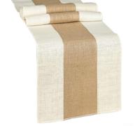100% Natural Burlap Table Runner designed for weddings and parties, featuring hessian fabric that adds rustic charm and withstands repeated use in various settings (Brown & White)
