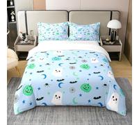100% Natural Cotton Halloween Duvet Cover Cartoon Lovely Ghost Bat Spider Bedding Set for Kids Boys Girls Teens Watercolor Blue Green Pumpkin Hippie Quilt Cover with 2 Pillowcases Double Size 3 Pcs