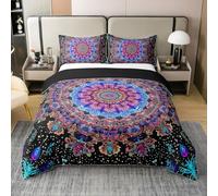 100% Natural Cotton Rainbow Mandala Flower Bedding Set,Ombre Gradient Quilt Cover,Tribal Boho Aztec Bedspread Cover for Bedroom Decor,Retro Design Duvet Cover Double,Mid Century Art Comforter Cover
