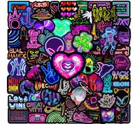 100 Neon Stickers Set - Retro & Club Style Motifs - Colourful Vinyl Stickers with Luminous Colours for Laptop, Party & DIY - Includes Happy Halloween, Back to 90s, Pizza Designs