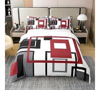 100% Organic Cotton Red Black White Grey Bedding Set for Kids Boys Girls,Geometric Square Comforter Cover King Geometry Striped Duvet Cover Modern Abstract Bedspread Cover Farmhouse Room Decor