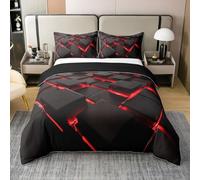 100% Organic Cotton Red Geometric Quilt Cover,Modern Abstract Plaid Bedding Set,3D Honeycomb Print Duvet Cover Double,Beehive Bedspread Cover(Black Reversible)