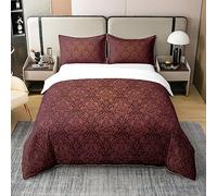 100% Organic Cotton Vintage Red Gold Ombre Floral Bedding Set Boho Paisley Damask Comforter Cover Double Victorian Baroque Gothic Duvet Cover for Adults Men Women Bohemian Exotic Cozy Bed Set